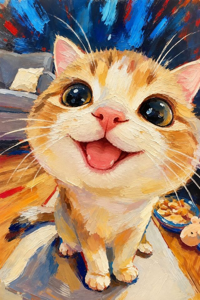 Pintura de um gatinho laranja sorrindo